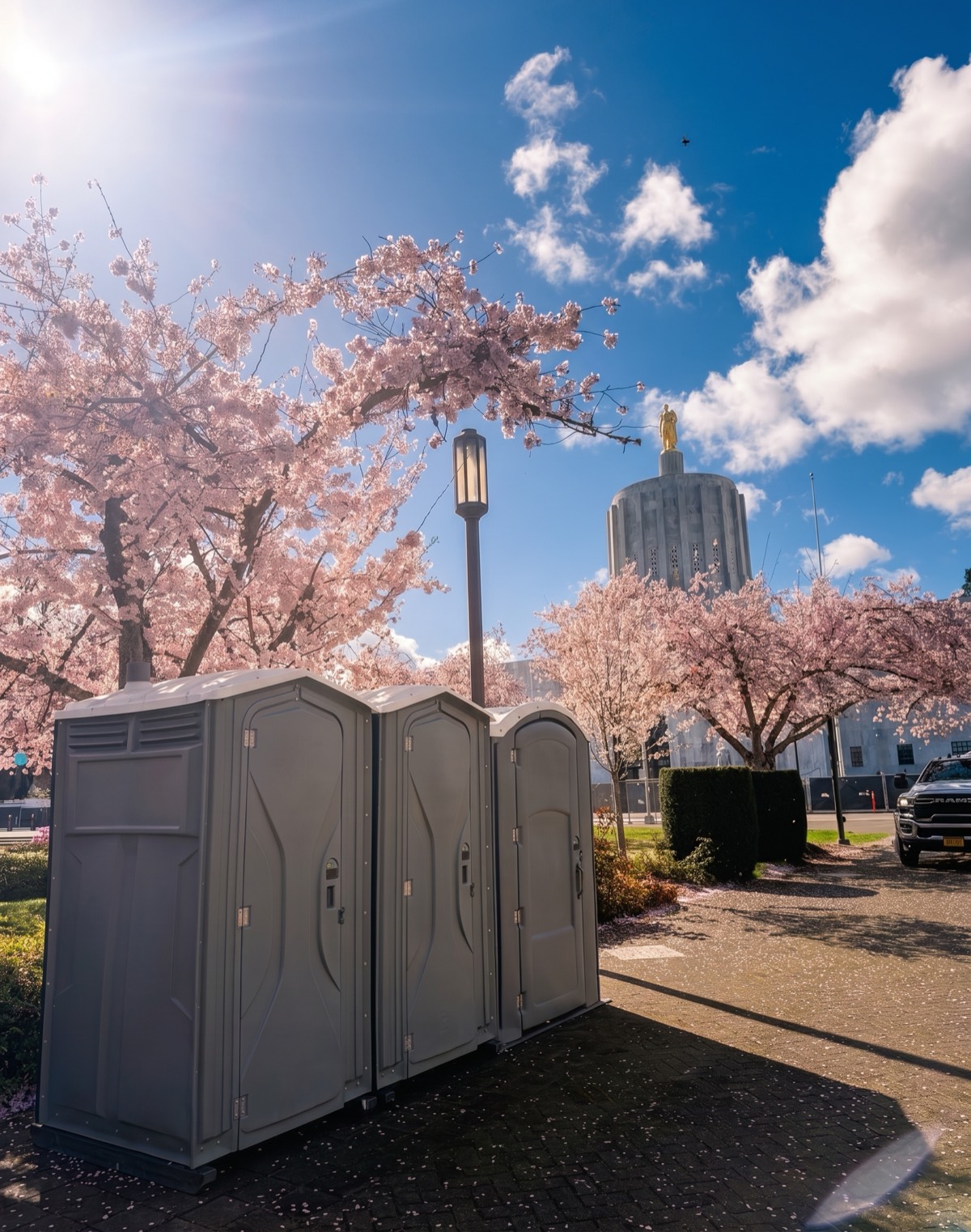 Portable toilets on a job site at the Oregon State Capitol in Salem, Oregon