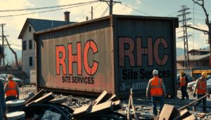 A strikingly vibrant scene unfolds in a post-storm setting, featuring a new modern large roll of dumpsters prominently displaying the text "RHC." Surrounding this central focal point are figures of people amid a backdrop of damaged houses. The image, possibly a photograph, captures the role of RHC in providing site solutions after the storm. Every detail, from the textures of the dumpsters to the expressions on the faces of the people, is richly depicted with high-definition quality and realistic. The contrast between the industrial dumpsters and the human presence adds depth and emotion to the overall composition, making it a visually captivating piece that evokes a sense of resilience and rebuilding in the face of destruction.